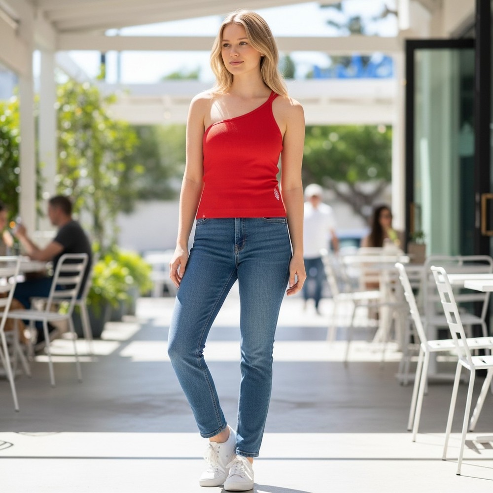 Free People FP Movement One Shoulder Ribbed Tank Top Womens XS Red Excellent